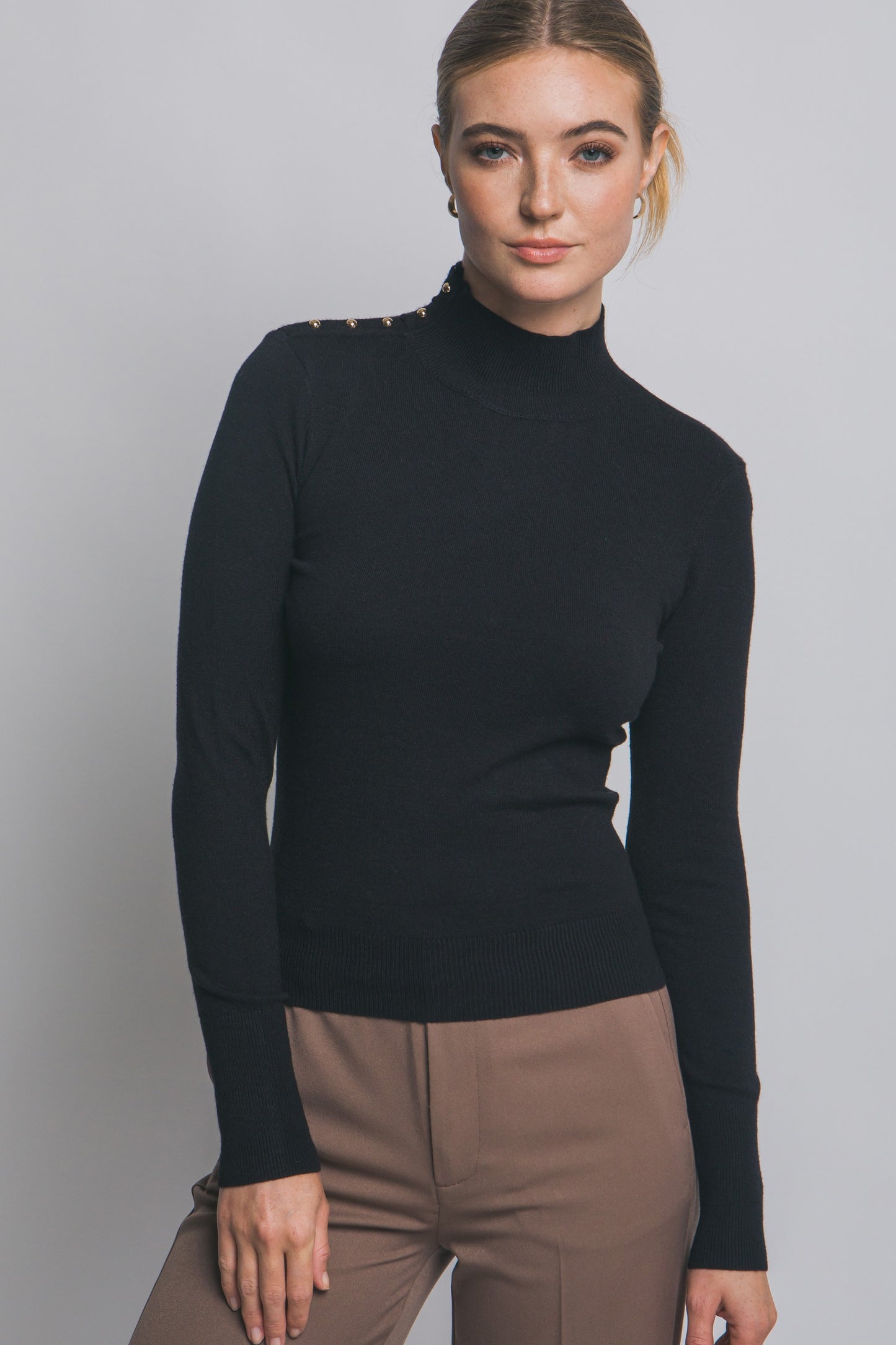 Button Detail Neck Long Sleeve top